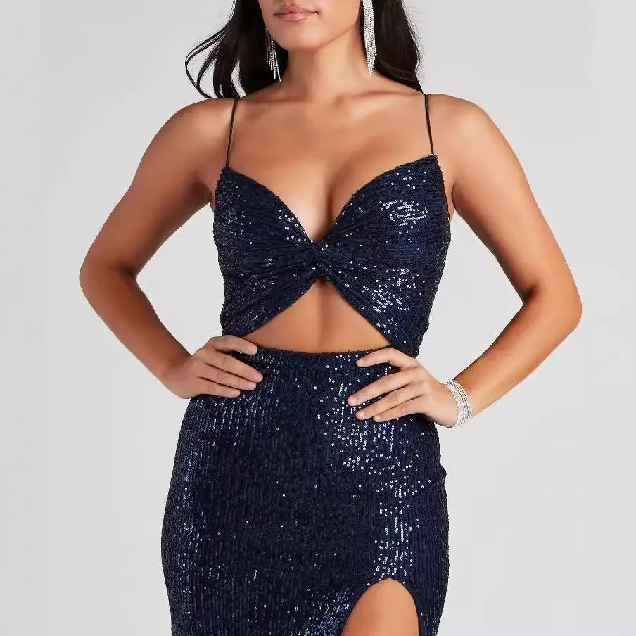 Women Beaded Sequin Maxi Dress With V Neck Cutouts For Cocktail Nightclub Bella Mia