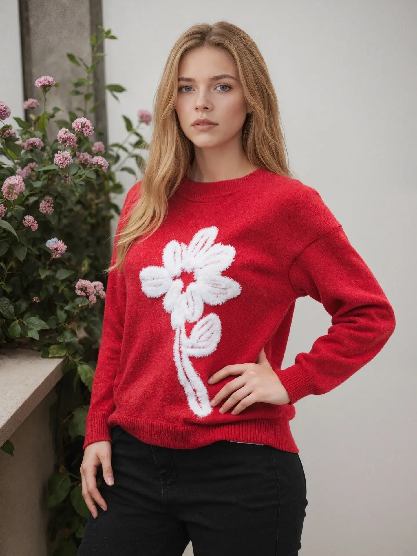 Floral Jacquard round Neck Long Sleeved Sweater Women Clothing Solid Color Casual Pullover Sweater Women Bella Mia