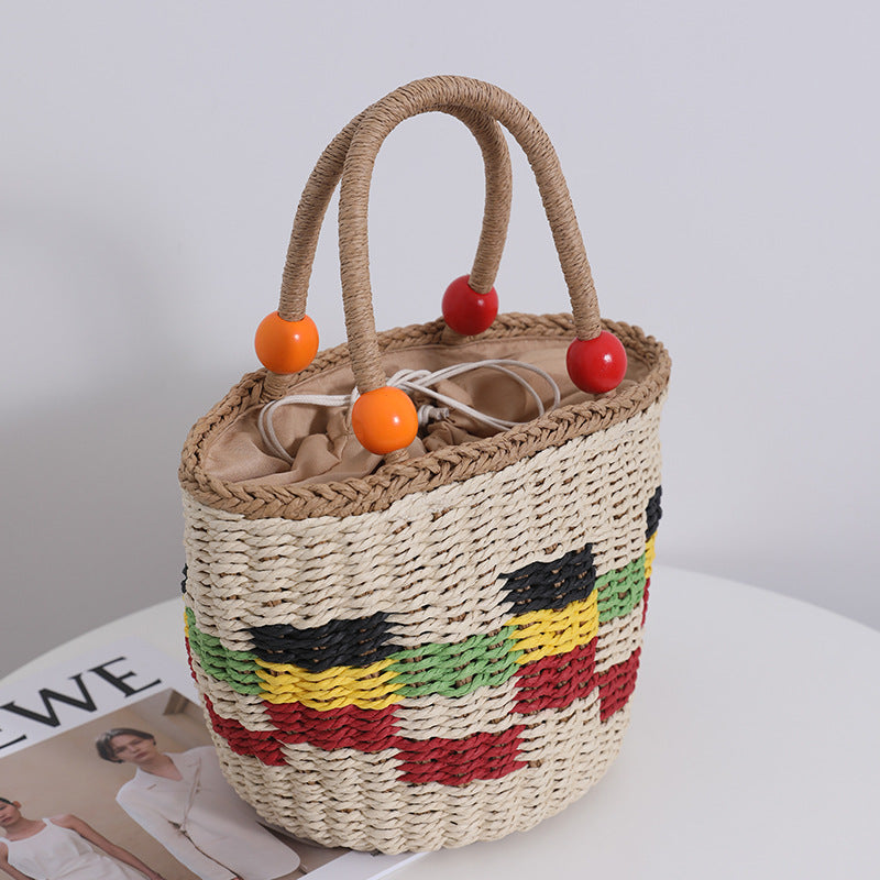Cute Wooden Bead Portable Straw Weaved Bag Fresh Color Plaid Hand Carrying Woven Bag Fruit Picnic Basket Beach Bag Bella Mia