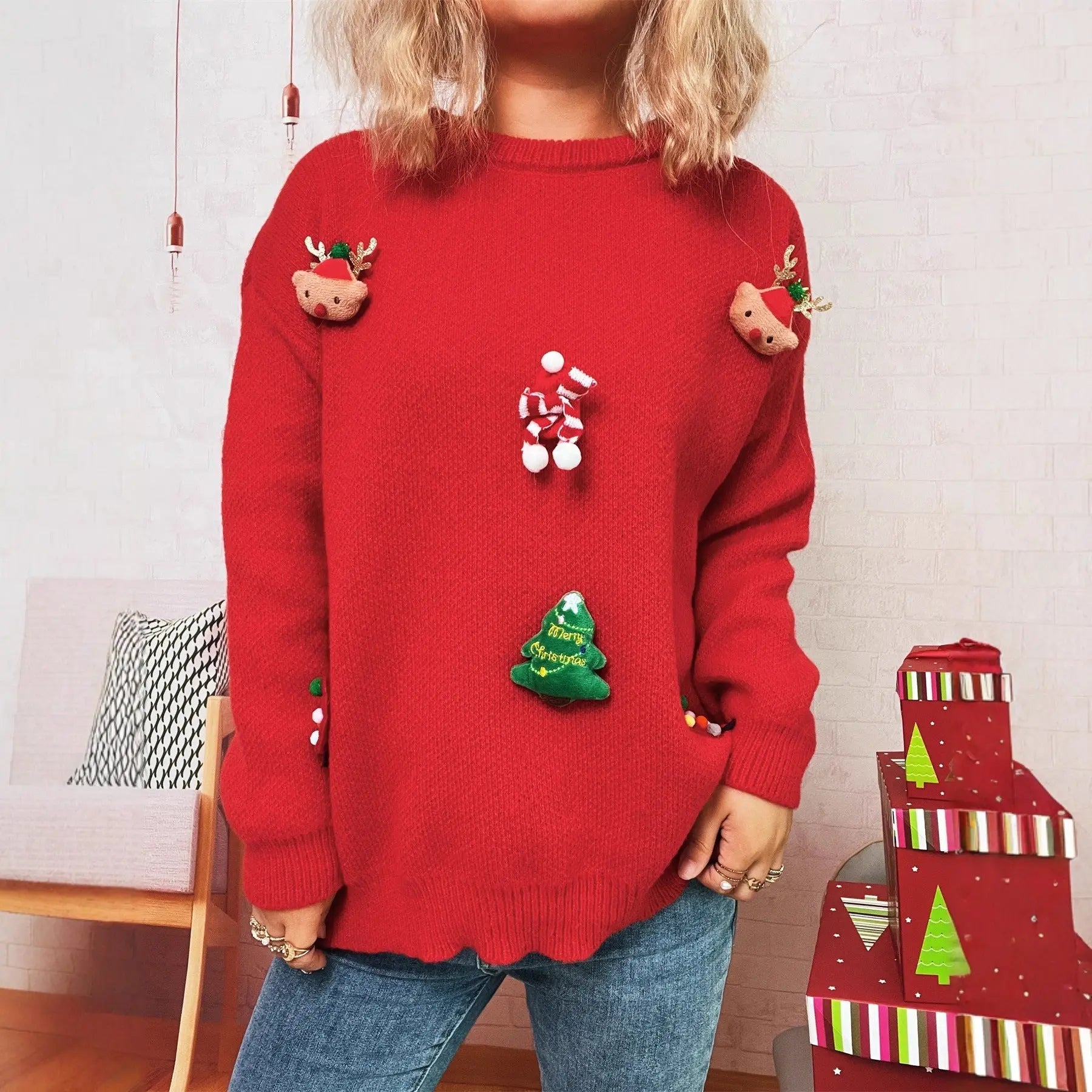 Autumn Winter Christmas Patchwork Three Dimensional Pattern Knitted Top Crew Neck Casual Year Women Sweater Bella Mia