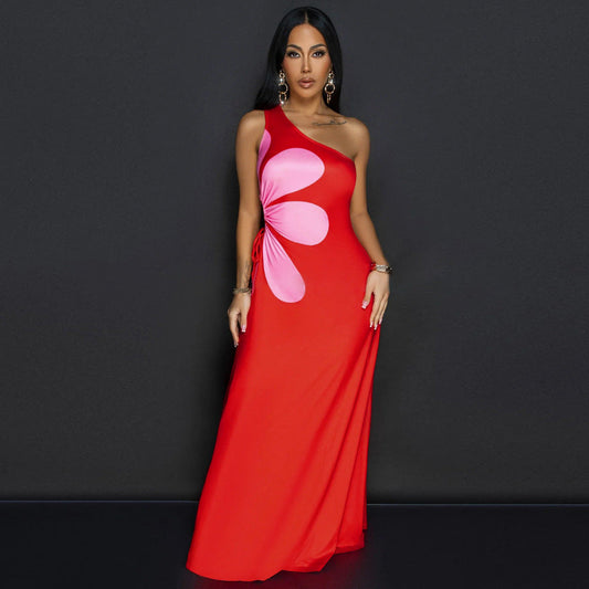 Shoulder Hollow Out Cutout Printed Dress Slim Sexy Dress Women Bella Mia