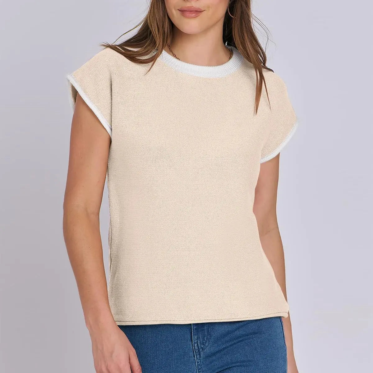 Women Clothing Summer round Neck Knitted Top Casual Striped Contrast Color Sweater Bella Mia