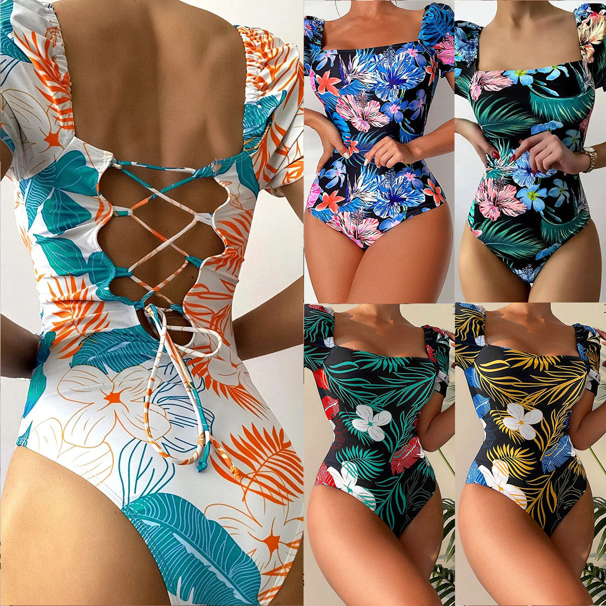 Swimsuit Women Printed Floral Triangle One Piece Printed Bikini Tied Swimsuit Bella Mia