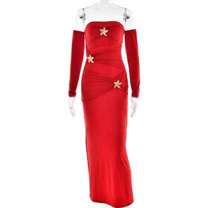 Pleated Long Sleeved Women Dress Fashionable Sexy Sheath Slim Fit Dress