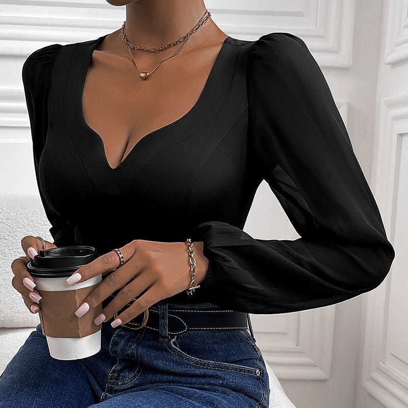 Women Clothing Black Mesh Stitching V neck Jumpsuit Bella Mia