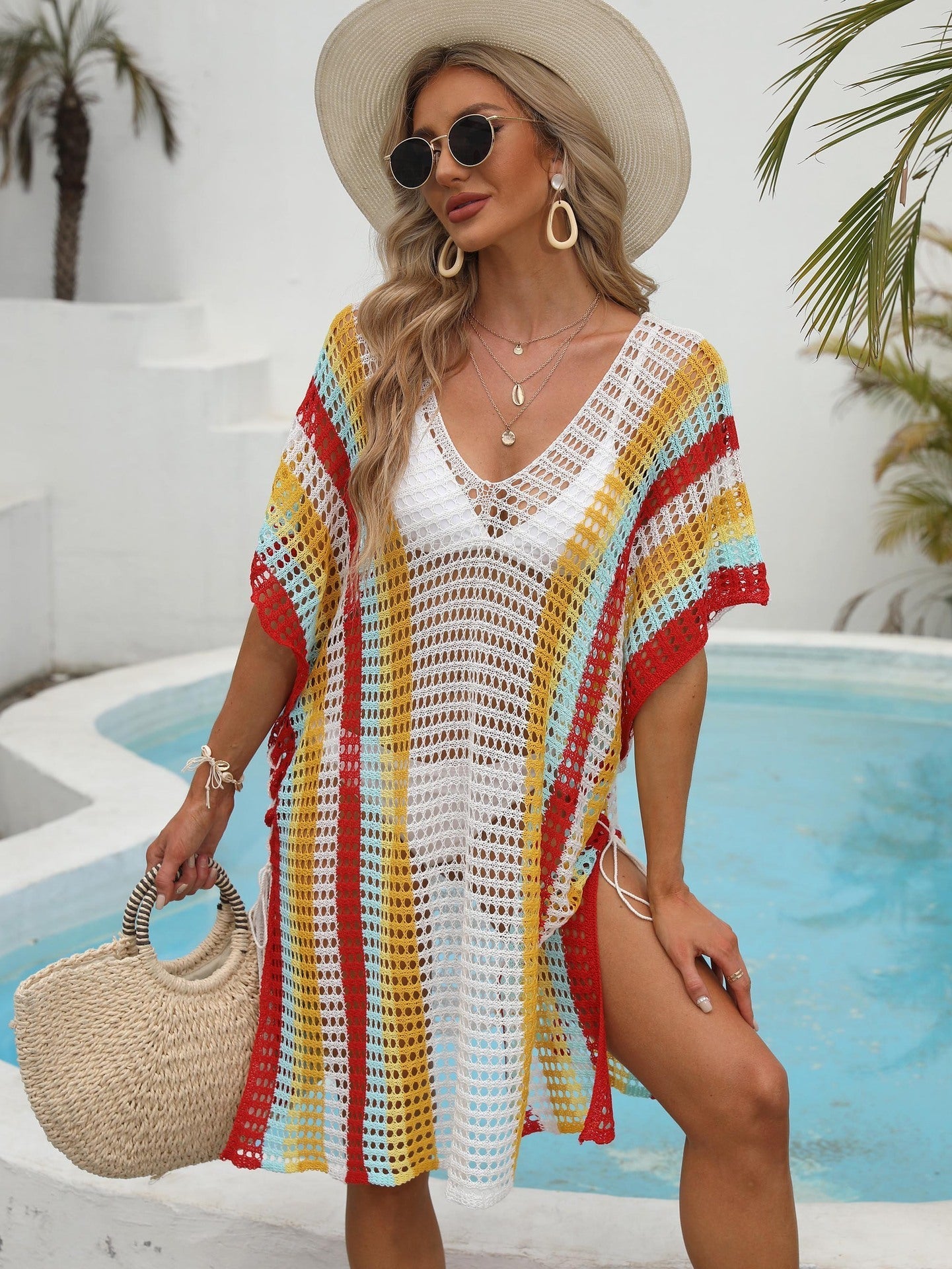 Women Clothing Color Contrast Patchwork Woven Hollow Out Cutout Beach Vacation Beach Cover Up Lace Up Dress Bella Mia