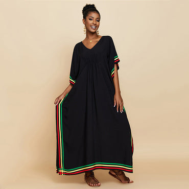 Rayon Pressure Color Stripes Beach Cover-up Sexy Loose Robe Vacation Dress Beach Cover Up