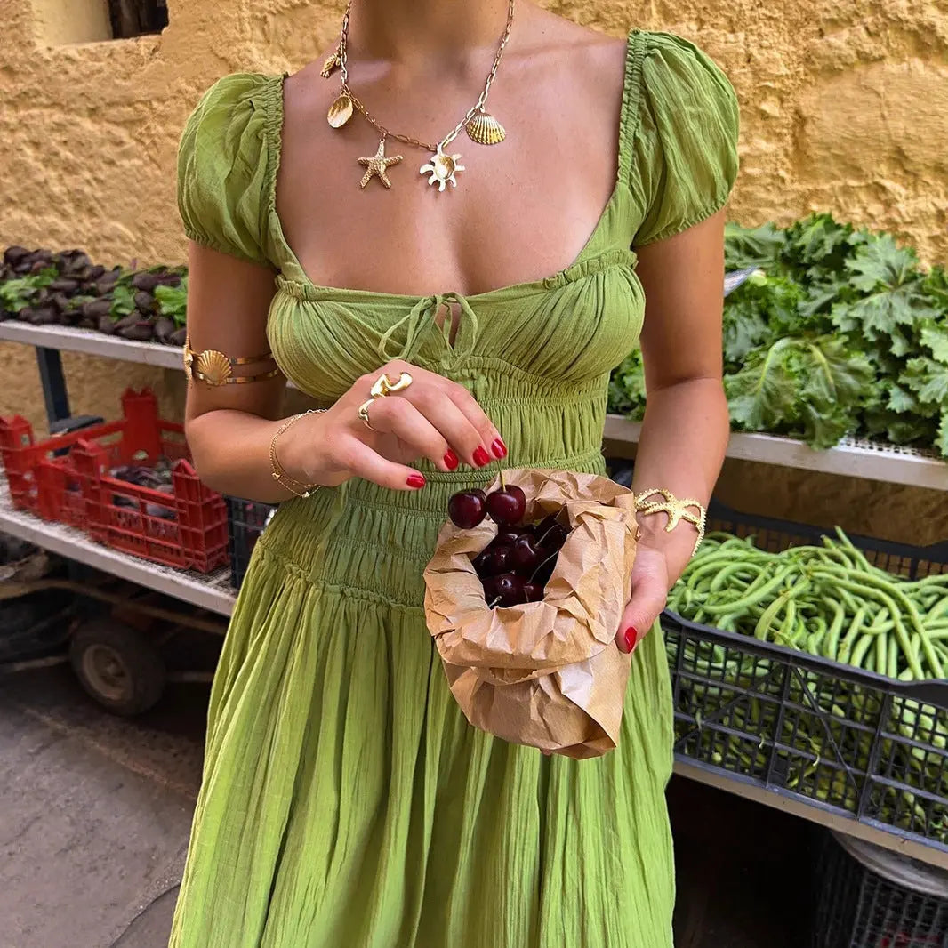 Women Summer Boho Backless Square Neck Puff Sleeve Maxi Dress Bella Mia