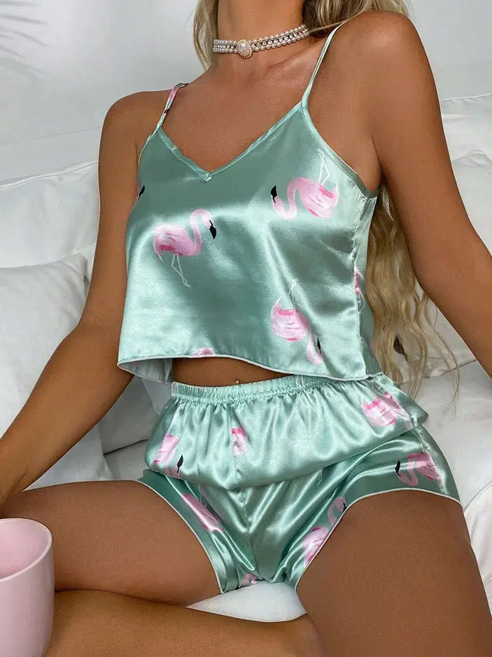 Casual Two Piece Sets Leopard Print Sling Pajamas Women Summer Satin Artificial Silk Popular Home Wear Bella Mia