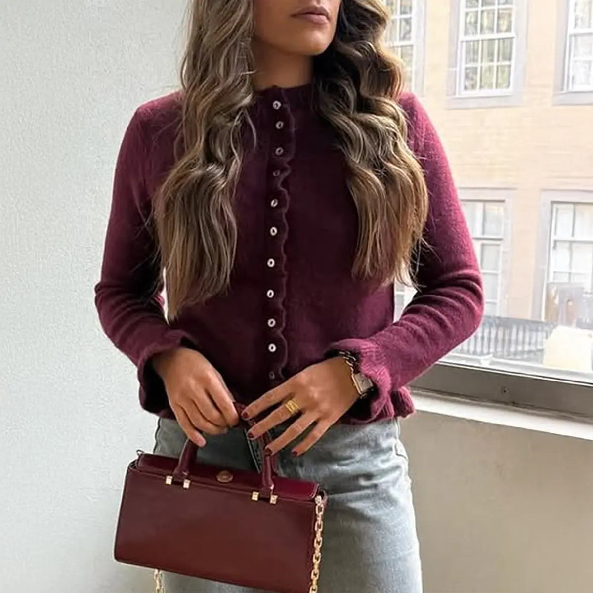 Casual Solid Color Button Front Long Sleeve Knit Sweater For Women Bella Mia