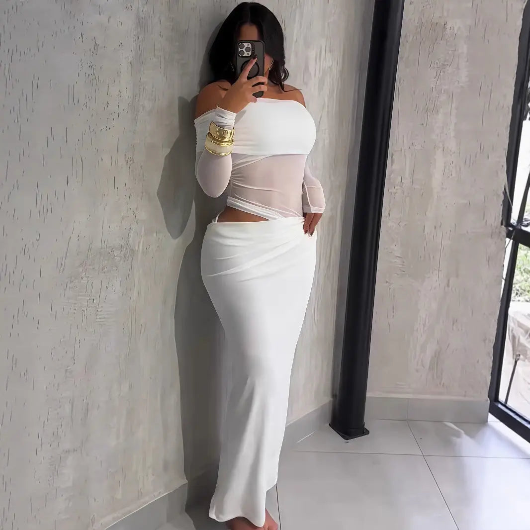 Off Shoulder Maxi Dress With Cutout Lace Mesh Backless Long Sleeve Formal Bella Mia