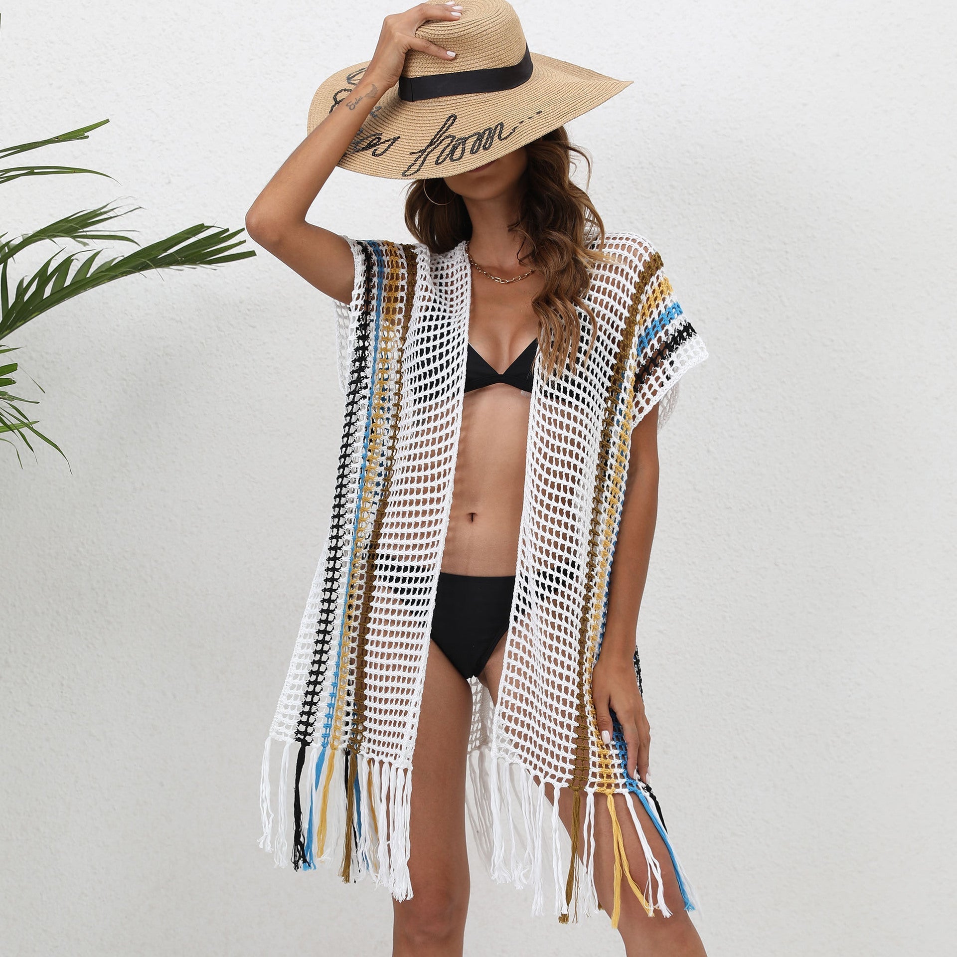 Beach Cover up Women Clothing Loose Woven Shirt Color Contrast Patchwork Tassel Beach Cover Up Cardigan Bella Mia
