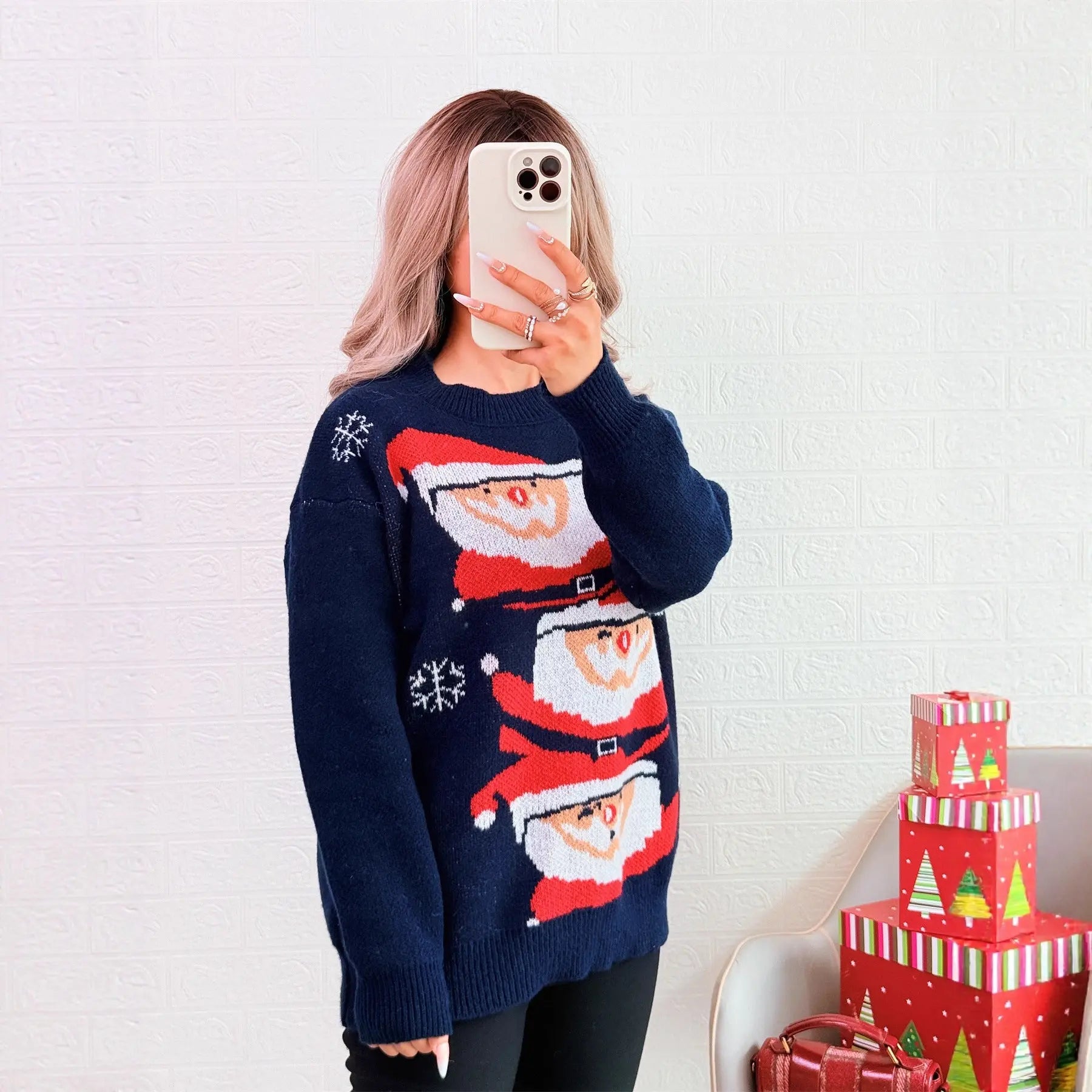 Autumn Winter Christmas Contrast Color Casual Knitted Pullover round Neck Santa Claus Sweater for Women Bella Mia