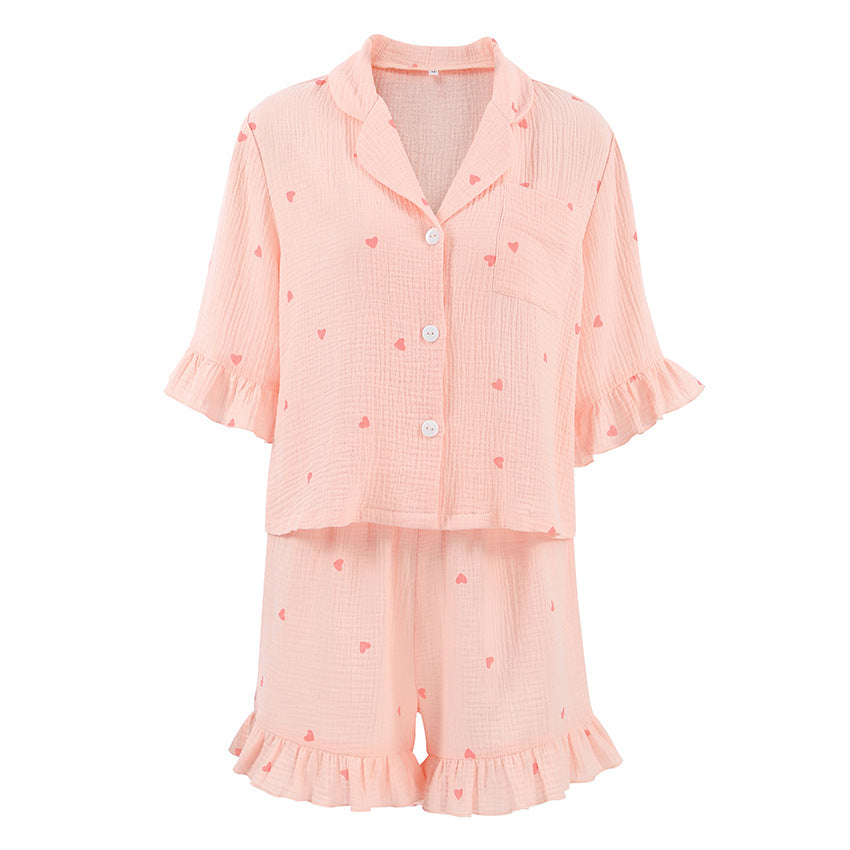 Summer Women Pajamas Crepe Cotton Heart Printing Short Sleeved Shorts Two Piece Home Wear Bella Mia