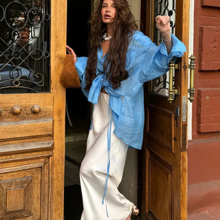 Women Oversized Blue Polo Collar Long Sleeve Shirt For Office Casual Bella Mia