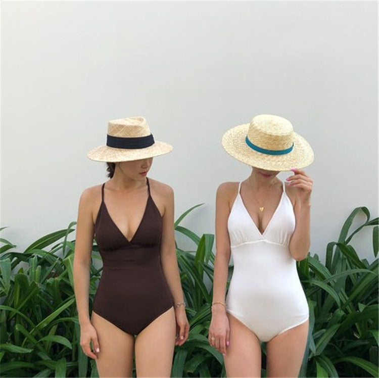One Piece Swimsuit Solid Color Conservative Cover Belly Thin Swimsuit Women Halter Bikini Women Bella Mia