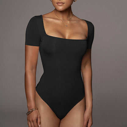 Bodysuit Summer Women Clothing Sexy Tight Square Collar Short Sleeve Bodysuit