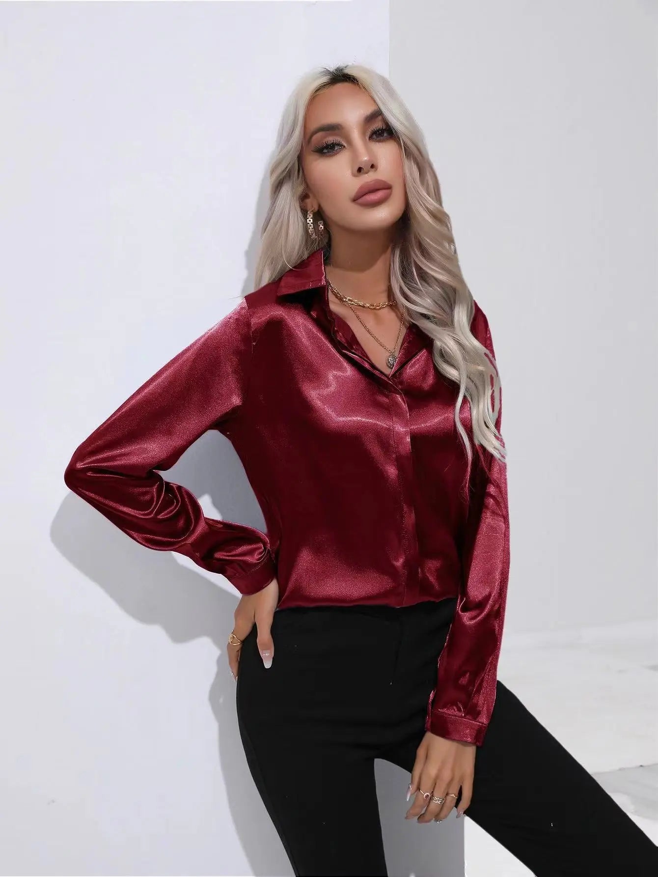 One Button Satin Shirt Office Long Sleeve Shirt Spring Summer Loose Top Women Clothing Bella Mia