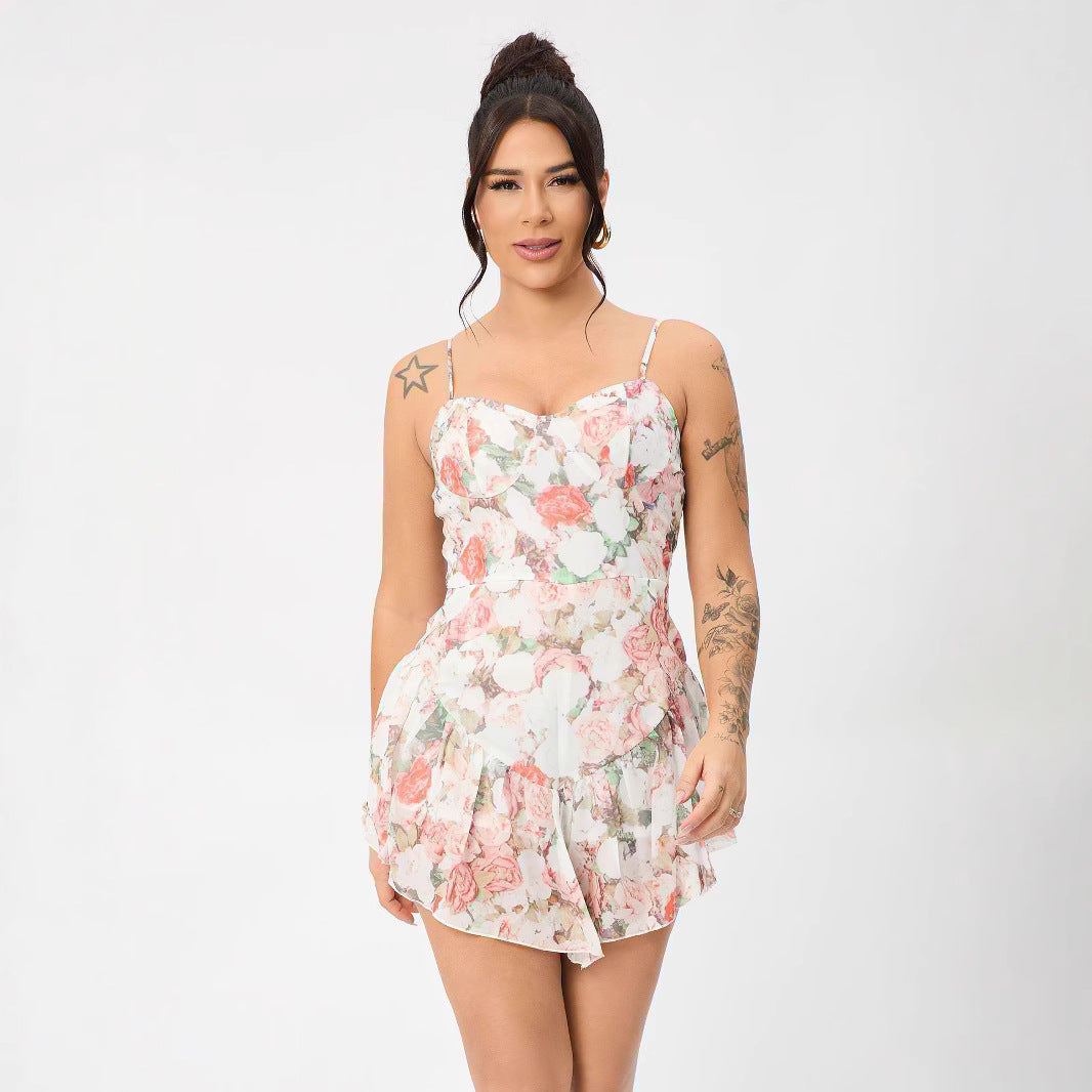 Floral Summer Adjustable Shoulder Strap Ruffled Hem Sexy Mini Dress Bella Mia