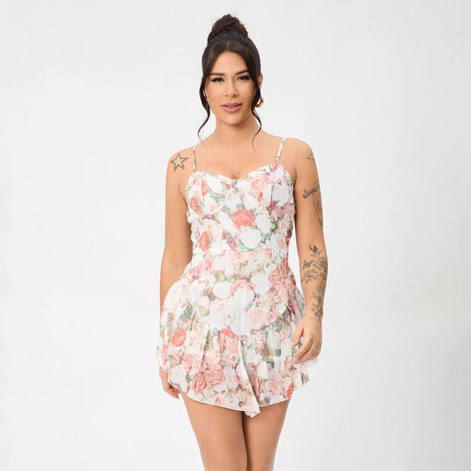 Floral Summer Adjustable Shoulder Strap Ruffled Hem Sexy Mini Dress Bella Mia