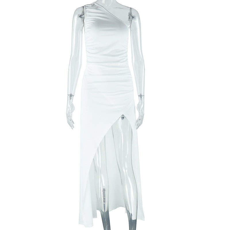 Women Clothing Solid Color Dress Diagonal Collar Open Shoulder Sleeveless Split Maxi Dress Bella Mia