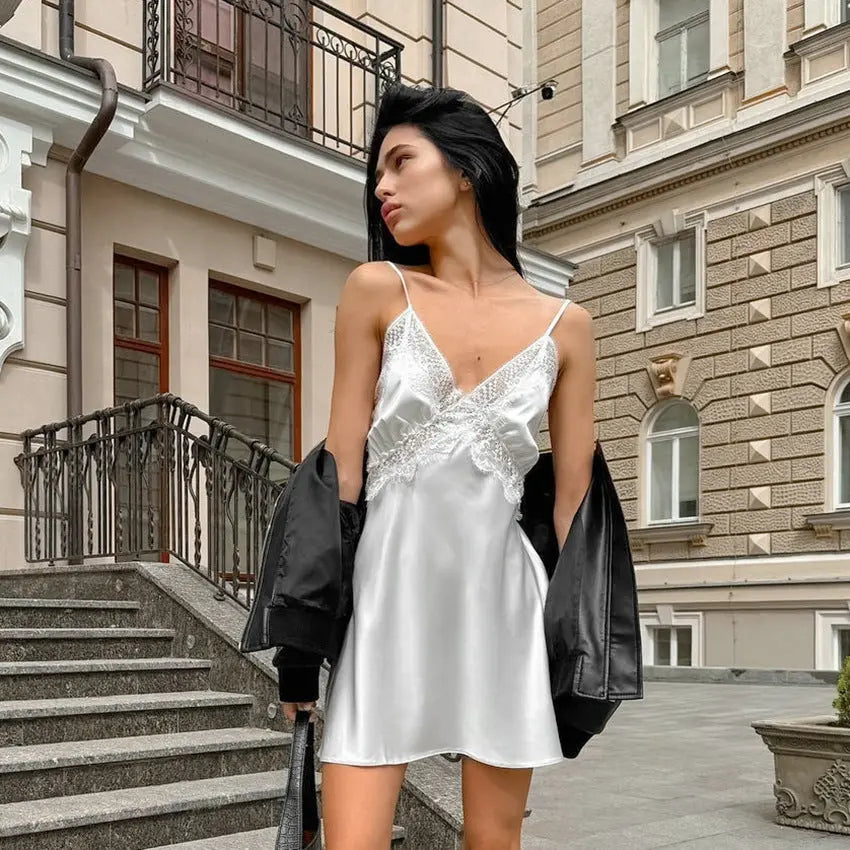 Fall Thin Soft Matte Satin See through V neck Strap Lace Slim Black Dress Women Bella Mia