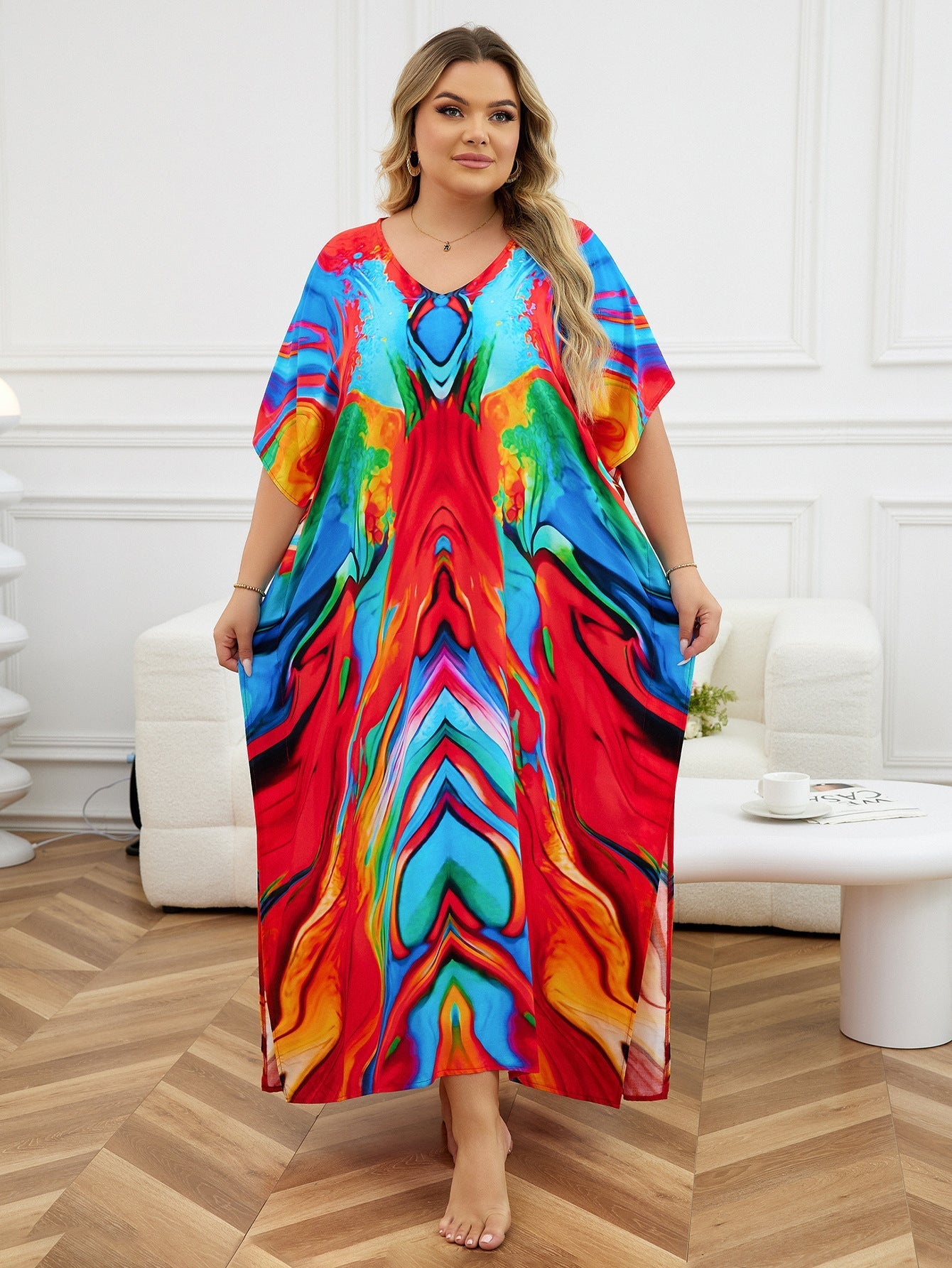 Rayon Positioning Print Holiday Loose Robe Beach Jacket Dress Bikini Cover up Blouse Bella Mia