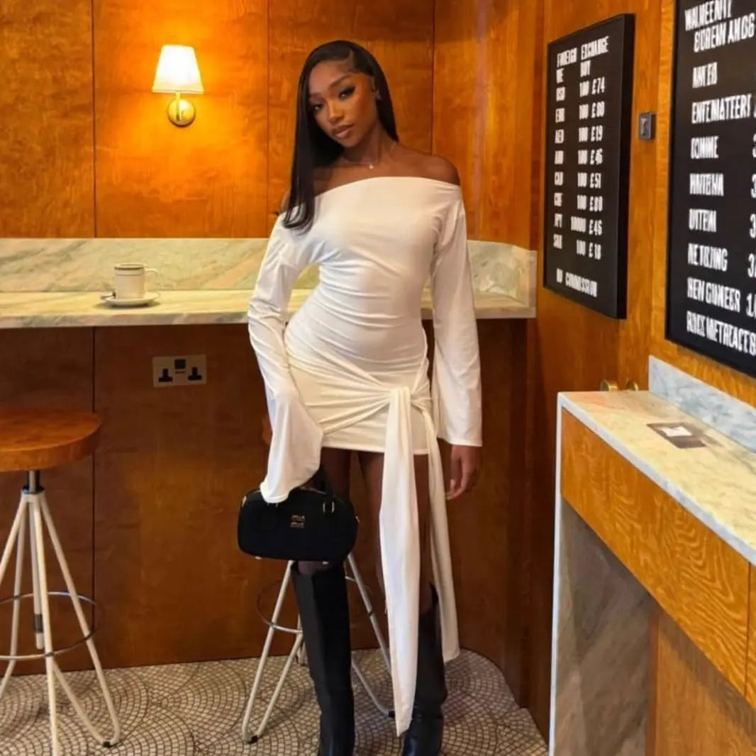 Autumn Winter Graceful Fashionable Solid Color Women Shoulder Waist Controlled Lace up Sheath Dress Bella Mia