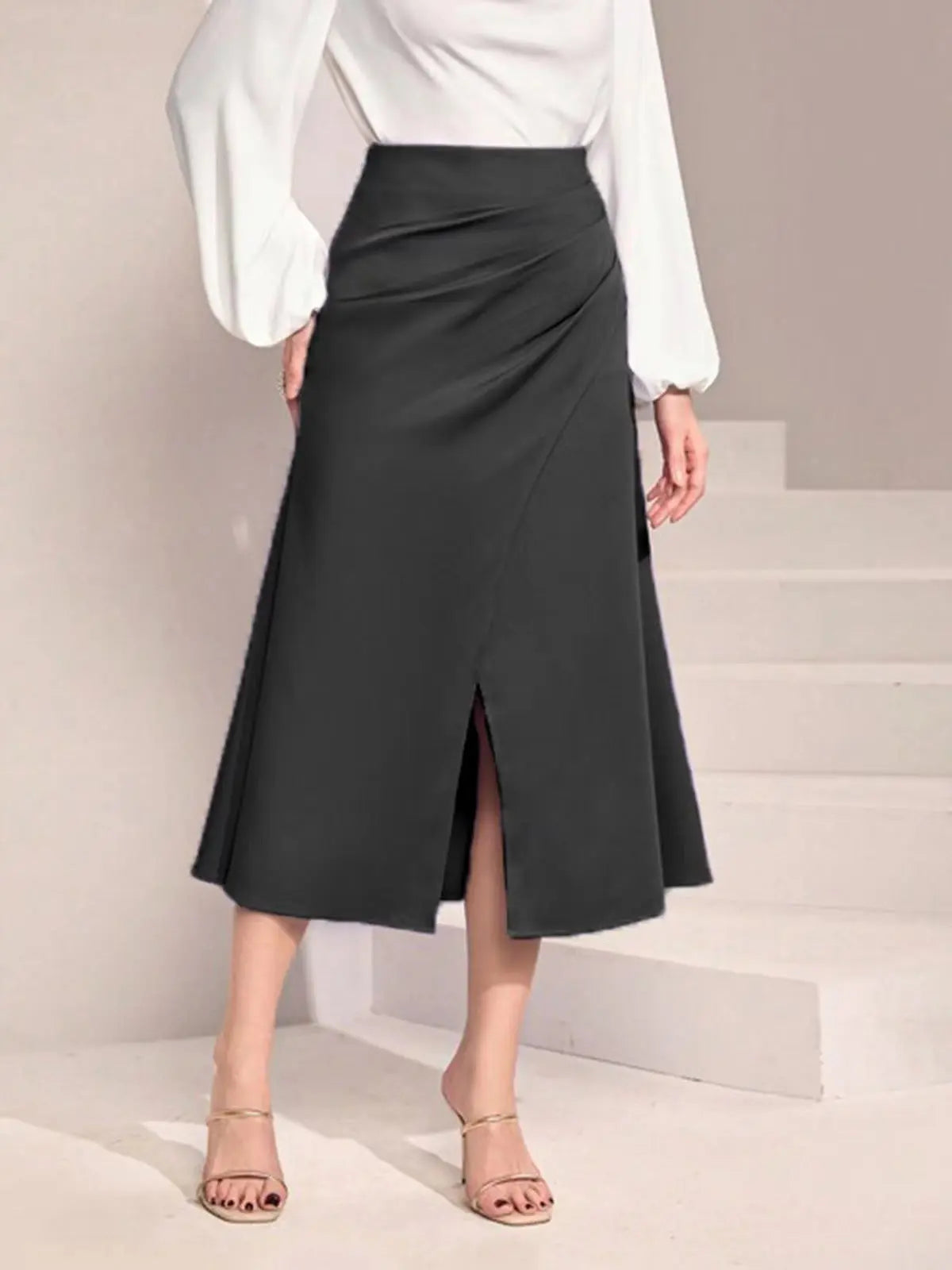 Women Clothing High Waist Satin Pleated Split Dress Solid Skirt Zipper Fishtail Hip Skirt Bella Mia
