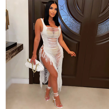 Spring Summer Women Dress Sexy Hollow Out Cutout Beach Cover Up Tassel Beach Dress