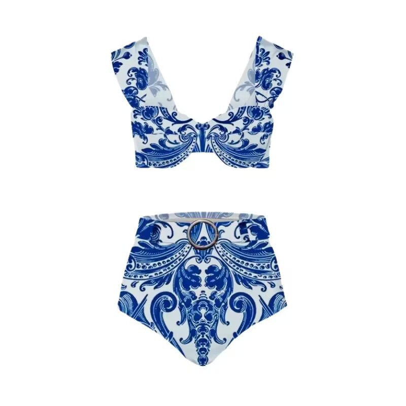 Lonkey Women Swimsuit Blue White Porcelain Printed Three Piece Split Swimsuit Women Bella Mia