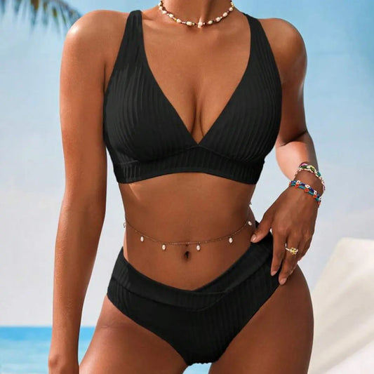 Bikini Solid Color Deep V Plunge Thread Sunken Stripe Sexy Bikini Split Swimsuit Women Bella Mia