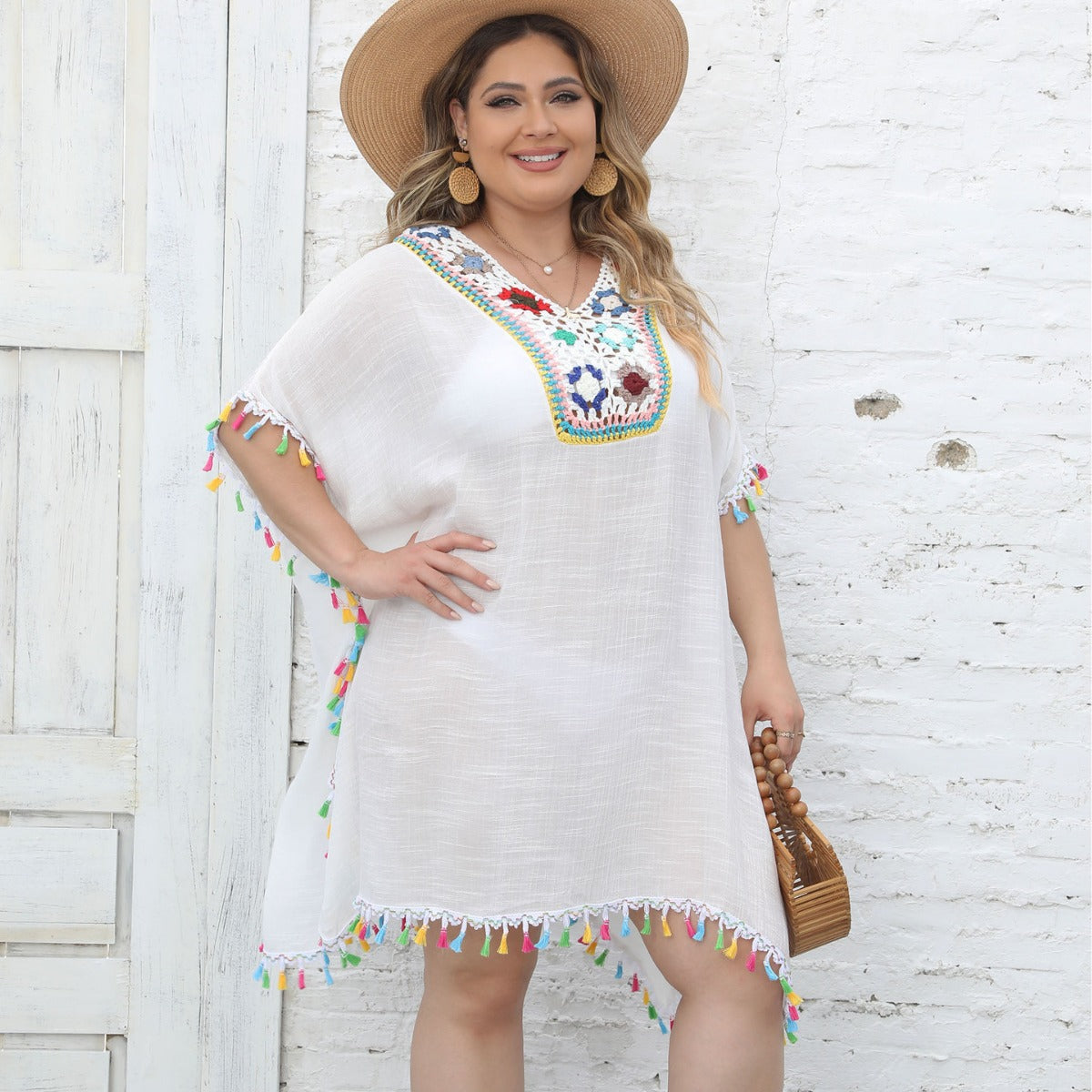 Beach Dress for Ladies Vacation Sun Protection Crochet Stitching Dress Split V neck Blouse Bella Mia