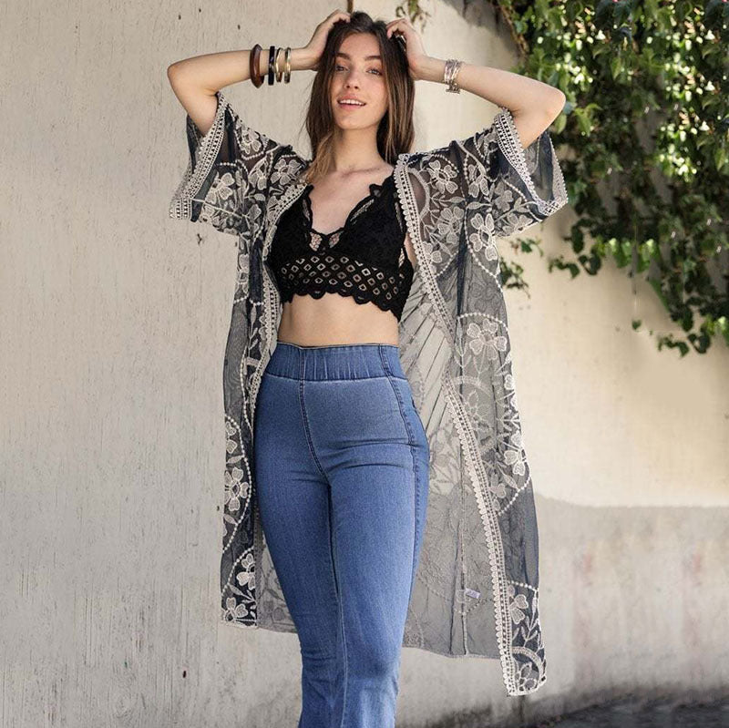 Lace Embroidered Beach Cover Up Sexy Cardigan Vacation Sun Protection Shirt Bikini Swimsuit Blouse Bella Mia