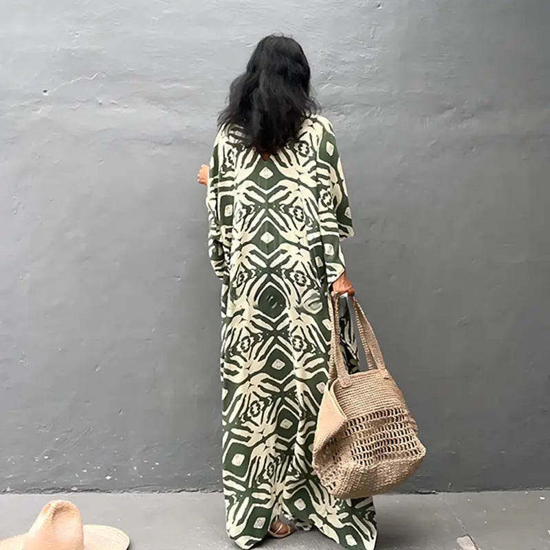 Boho Printed Beach Dress With Drawstring Tie Maxi Cover Up For Women Bella Mia