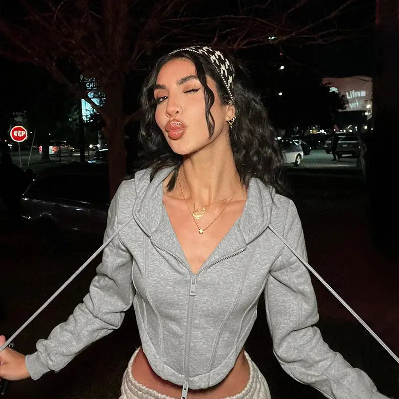 Women Clothing Fall Solid Color Short Zipper Cardigan Hoodie Coat Bella Mia