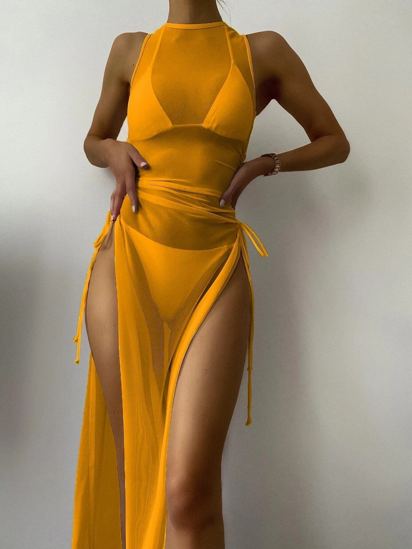 Swimsuit Women Split Three Point Solid Color Mesh Three Piece Suit Internet Celebrity Bikini Bella Mia