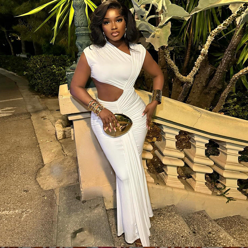 Women Clothing Solid Color Dress Diagonal Collar Sleeveless Ribbon Fishtail Dress Bella Mia