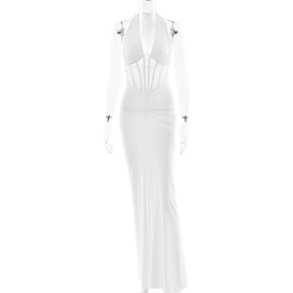 Elegant Women Lace up Maxi Dress Sexy Backless Pleated Sheath Dress Bella Mia