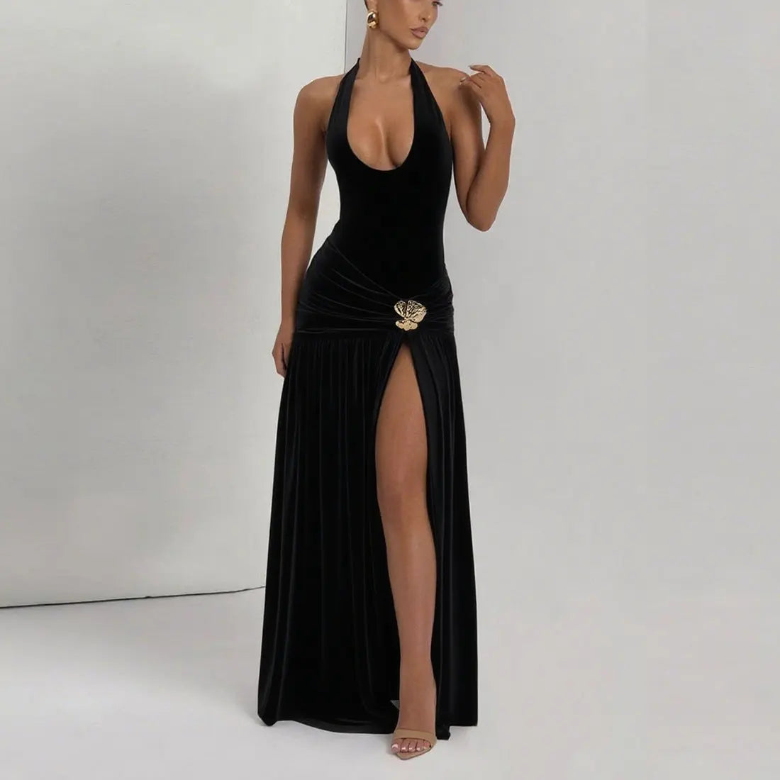 Sexy Halter Strap Backless Slim Fit Bodycon Maxi Dress Ruched Split Bella Mia