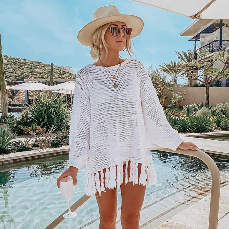 Hollow Out Cutout Knitted Tassel Beach Cover up Seaside Vacation Bikini Cover Swimsuit Outwear Sun Protection Clothing for Women Crochet hook Bella Mia