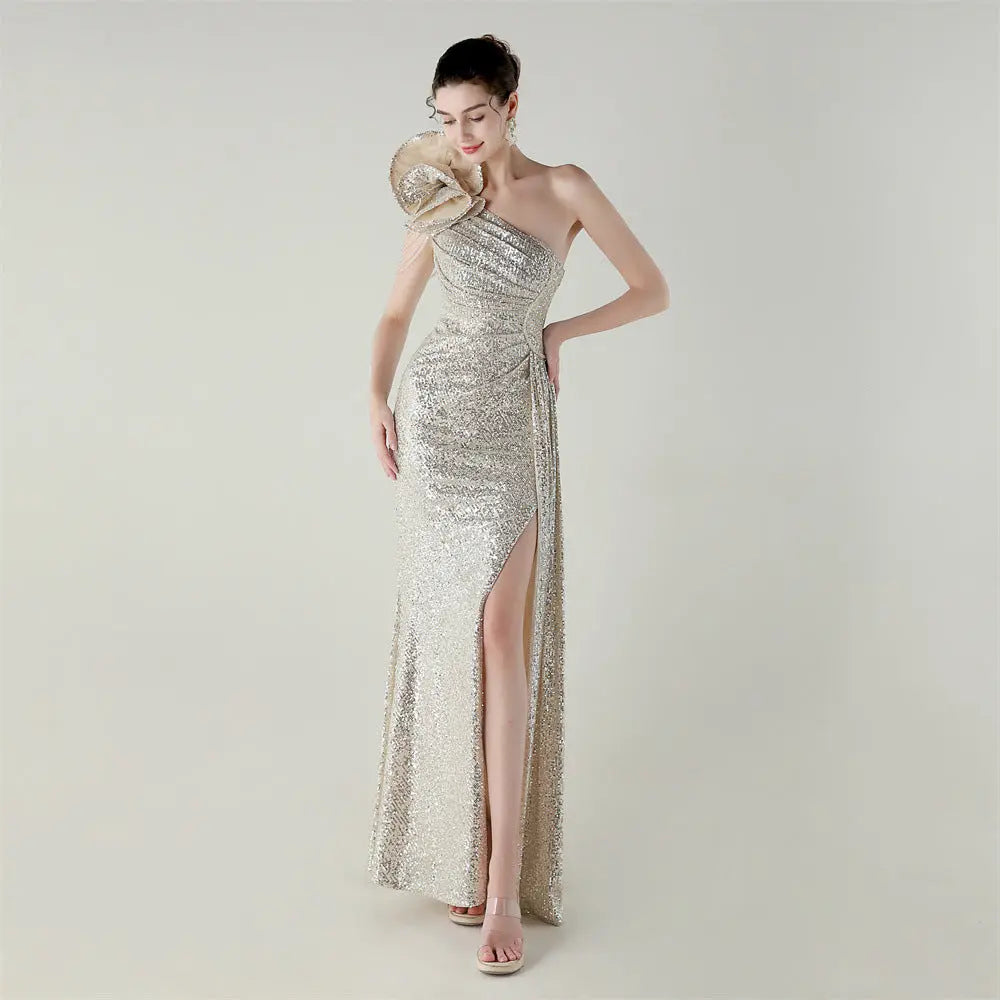 Craft Floral Beaded One Shoulder Diagonal Collar Fishtail Evening Dress Dinner Wedding Awards Ceremony Social Dress Bella Mia