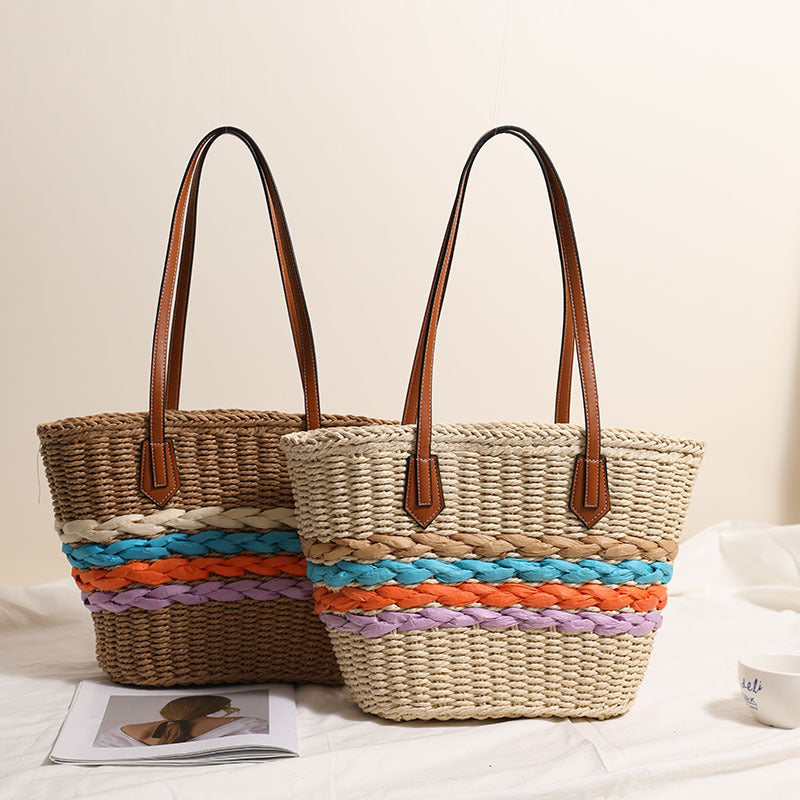 Bohemian One Shoulder Straw Bag Rainbow Stripes Straw Bag Woven Bag Vacation Beach Bag Women Bag Bella Mia