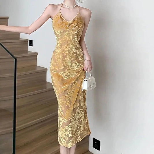 Women Clothing Spring Floral Halter Backless Office Midi Dress Bella Mia