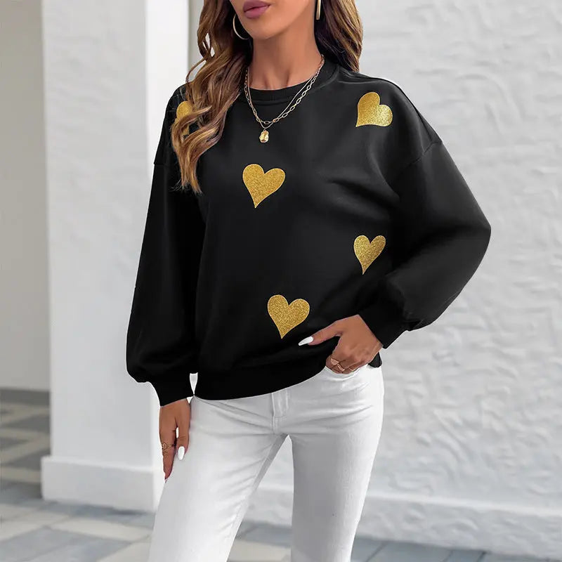 Autumn Romantic Sweet Heart Printing Loose round Neck Long Sleeve Sweatshirts Bella Mia