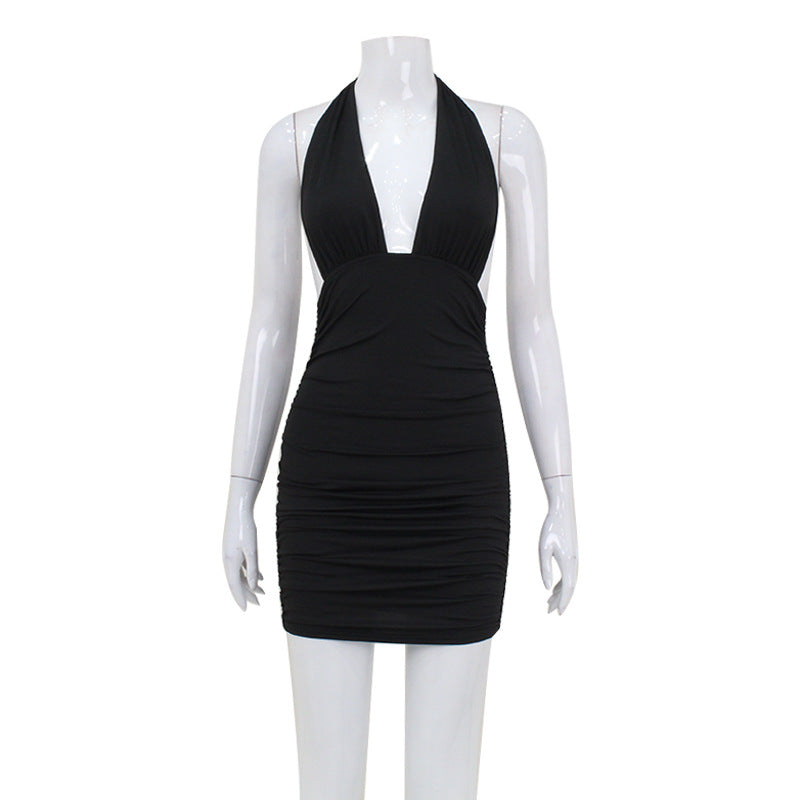 Women Sexy V neck Halter Backless Dress Elegant Pure Sexy Hip Bella Mia