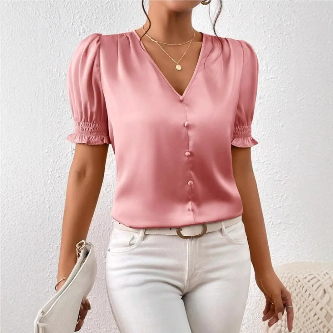 Satin V neck Buttons Shirt Spring Autumn French Casual Short Sleeve Ruffle Blouse Bella Mia