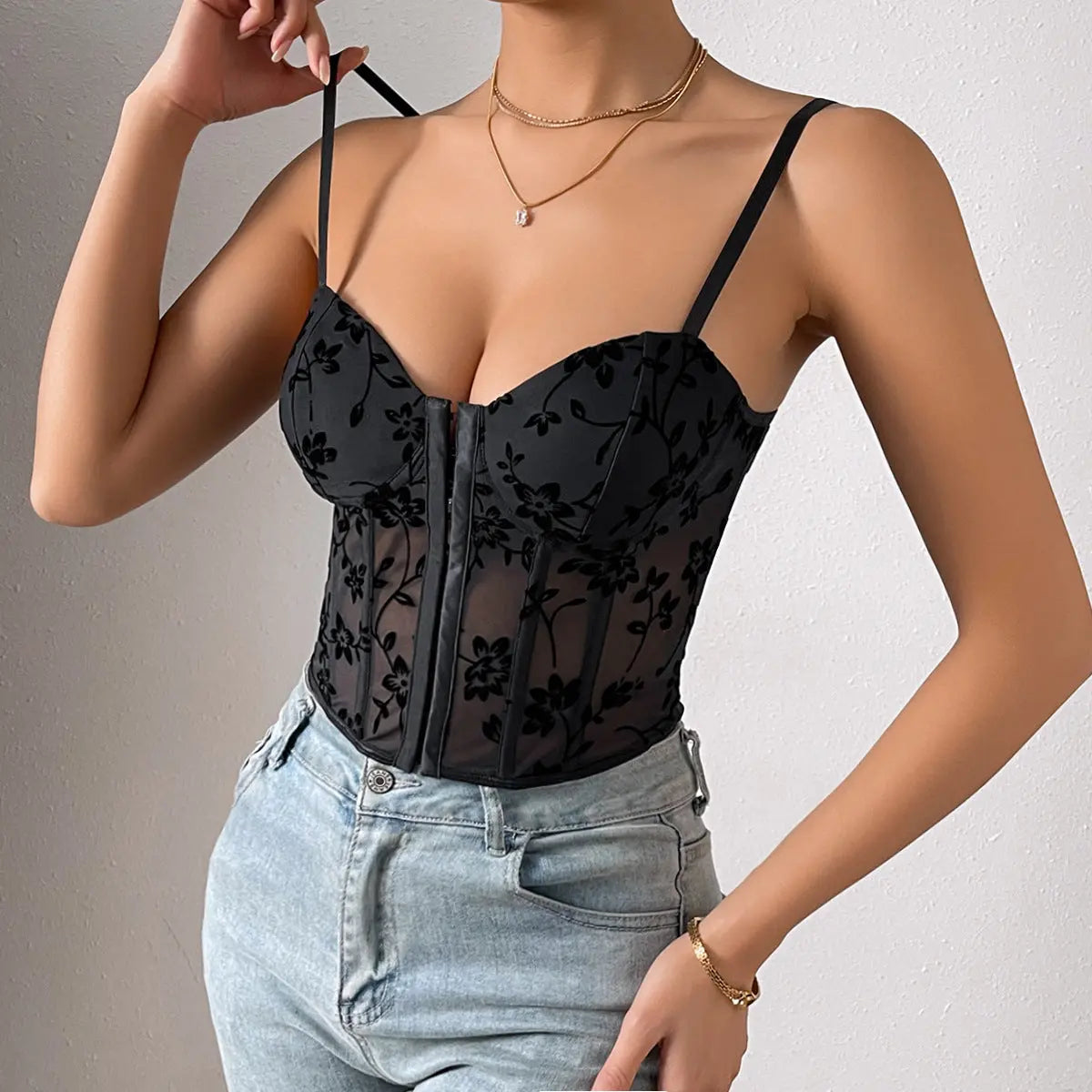 Women Sexy Low Cut See Through Mesh Boning Corset Waist Short Top Bella Mia