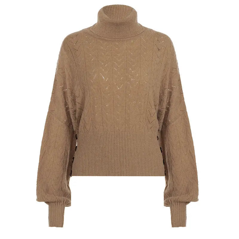 Retro Solid Color Turtleneck Hollow Out Cutout Batwing Sleeve Fitted Waist Sweater Women Graceful Fashionable Button Design Blouse Bella Mia
