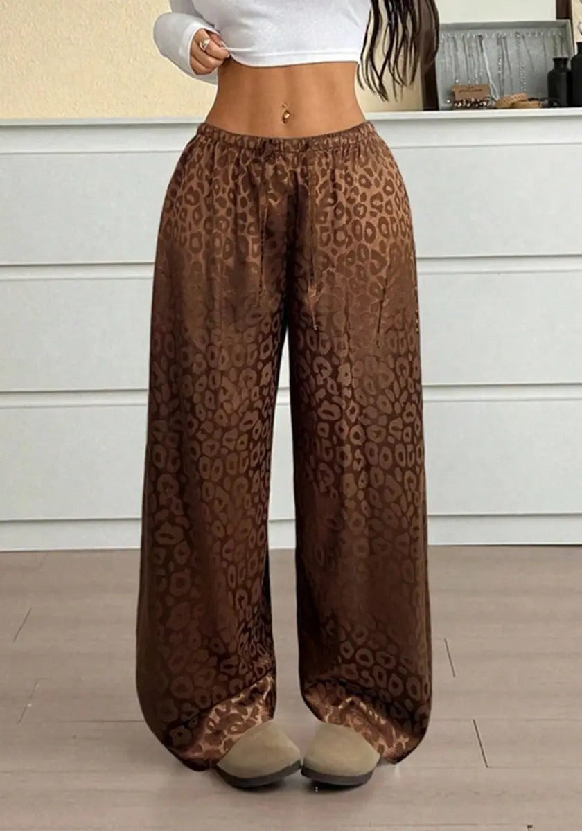 Women Clothing Autumn Satin Casual Pants Drawstring Leopard Print Mop Wide Leg Pants Long Pants Bella Mia
